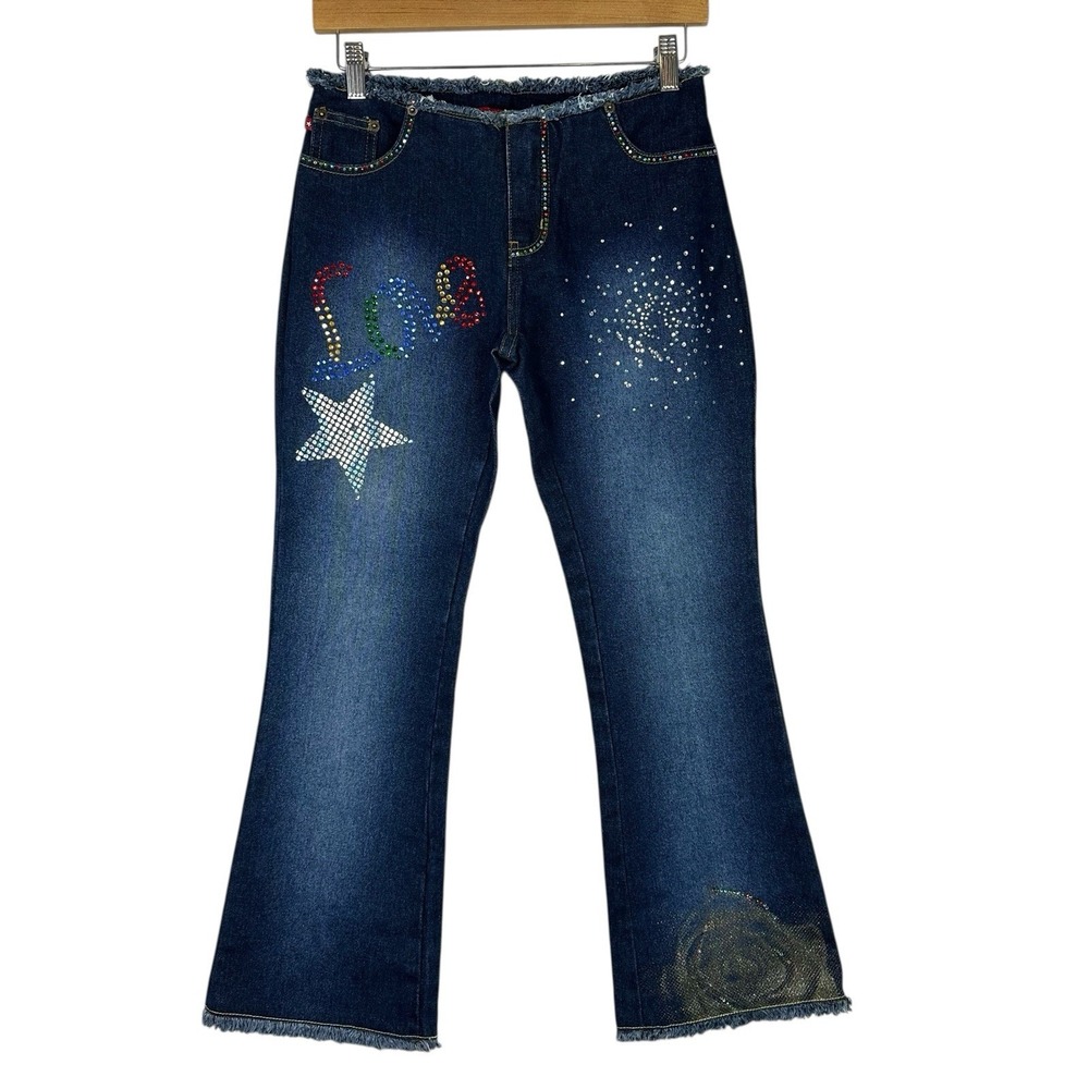 Zana Di Y2K Rhinestone Star Bootcut Jeans Small Raw Hem Denim Embellishment‎